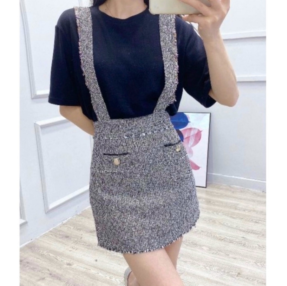 JIFFUNNY & DO Tweed Raw Edge Pencil Skirt with Shoulder Straps